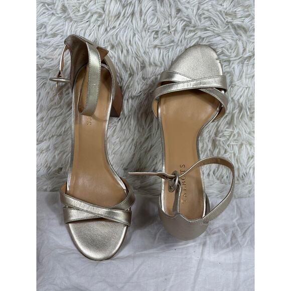 Talbots Sandals Womens Size 9 Gold Ankle Strap Block Heel Open Toe Dress Shoes - Picture 1 of 6
